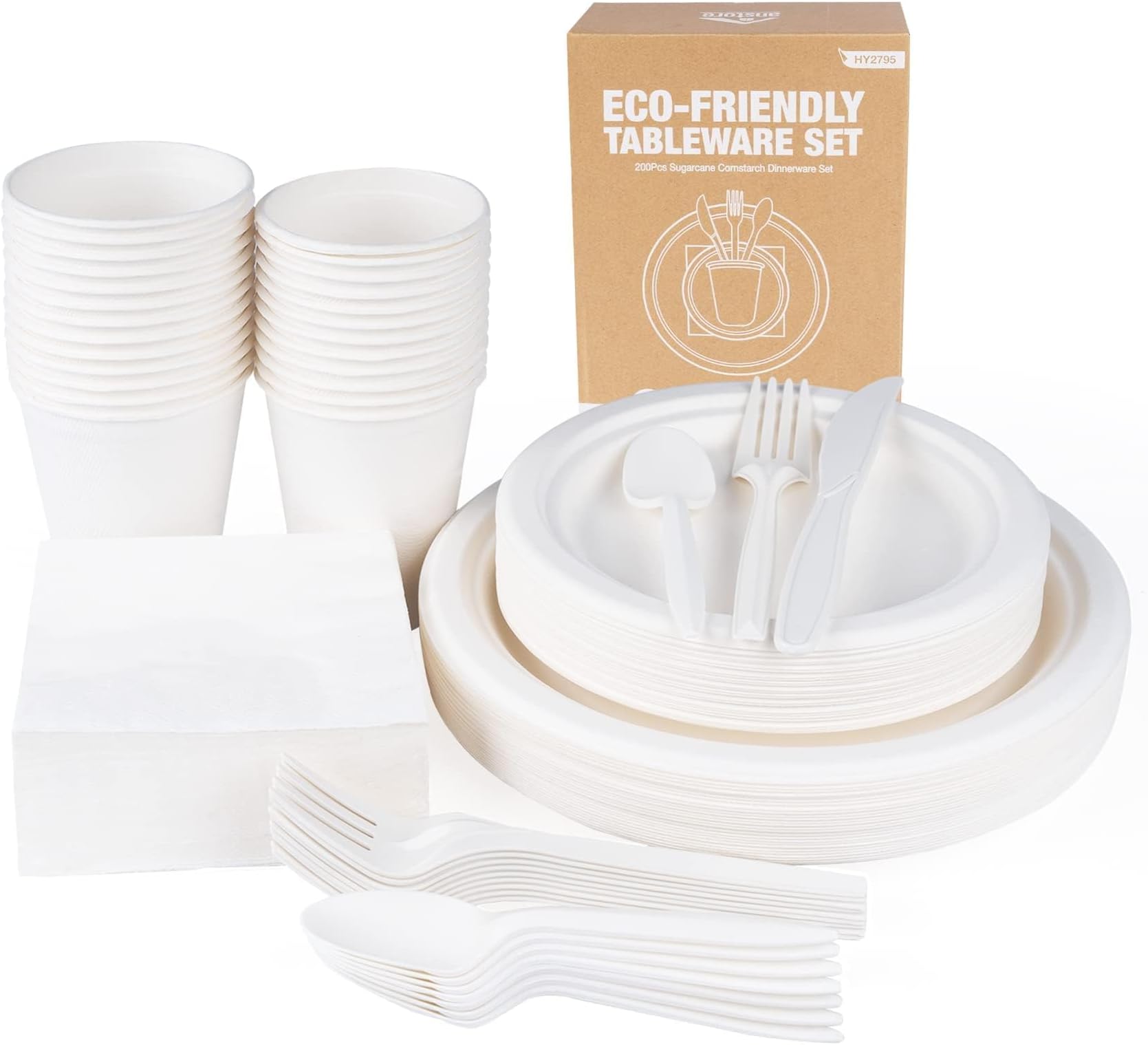 Disposable Paper Plates, Compostable Plates and Cutlery Set 200 Pcs Including White Paper Plates, Cups, Napkins, Knife, Spoons and Forks, Heavy Duty Paper Plates for Birthday Party Decorations