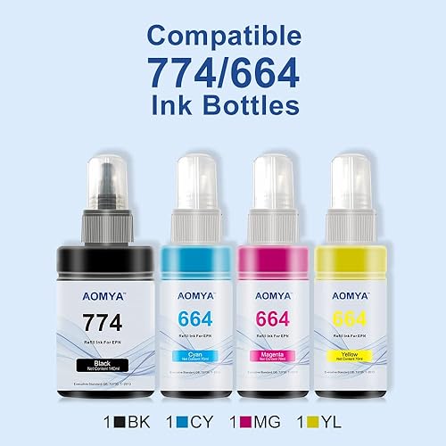 Miniatura 7 de Aomya Repuesto de botella de tinta compatible para 774 664 T774 T664 de alto rendimiento para usar con ET-2650, ET-16500, ET-4500, ET-2550, ET-3600,