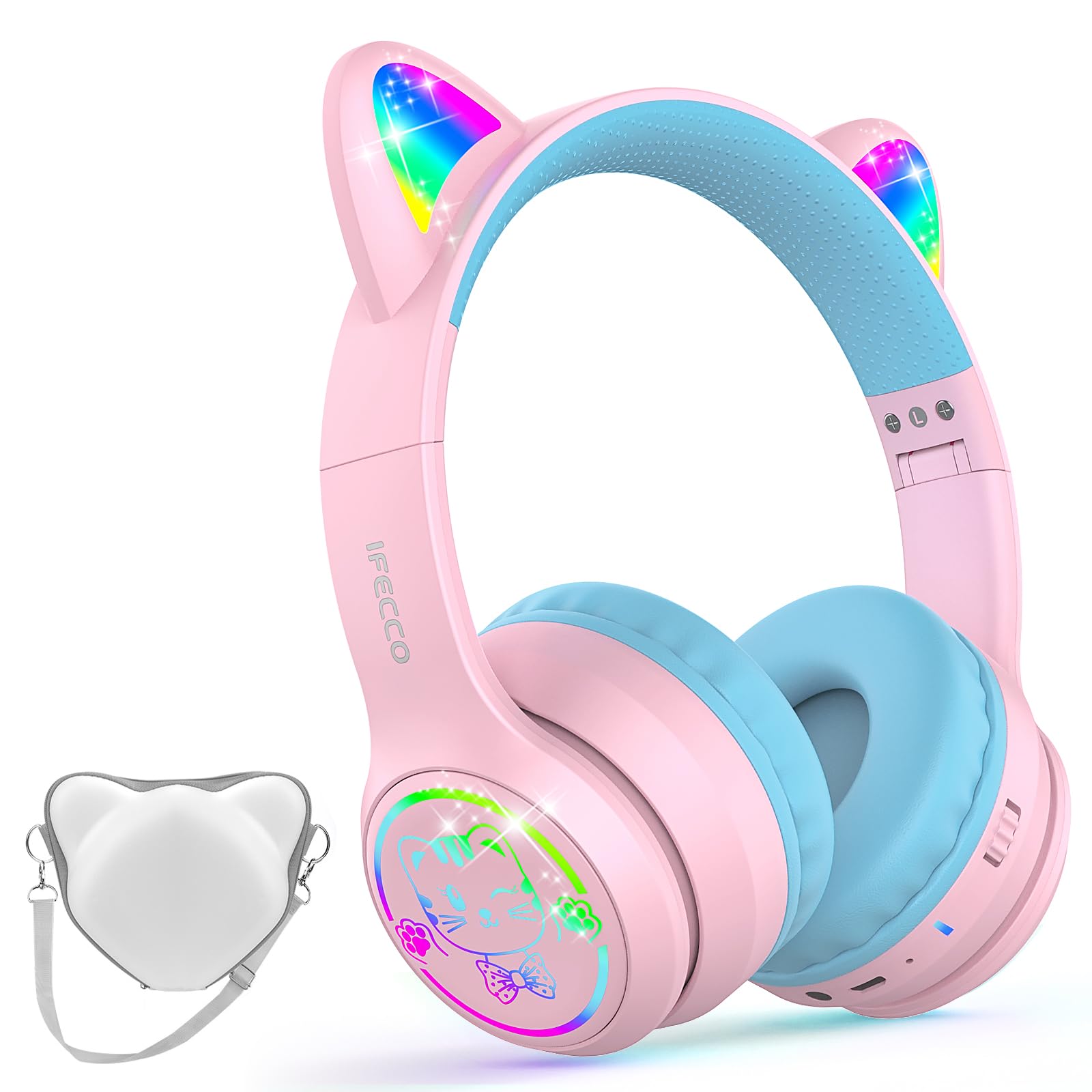 IFECCO Cuffie Bluetooth per bambini senza fili con custodia – Cuffie over-ear con luci LED, orecchie da gatto, limitazione del volume a 85 dBA, microfono integrato, compatibili con iPad/tablet/scuola