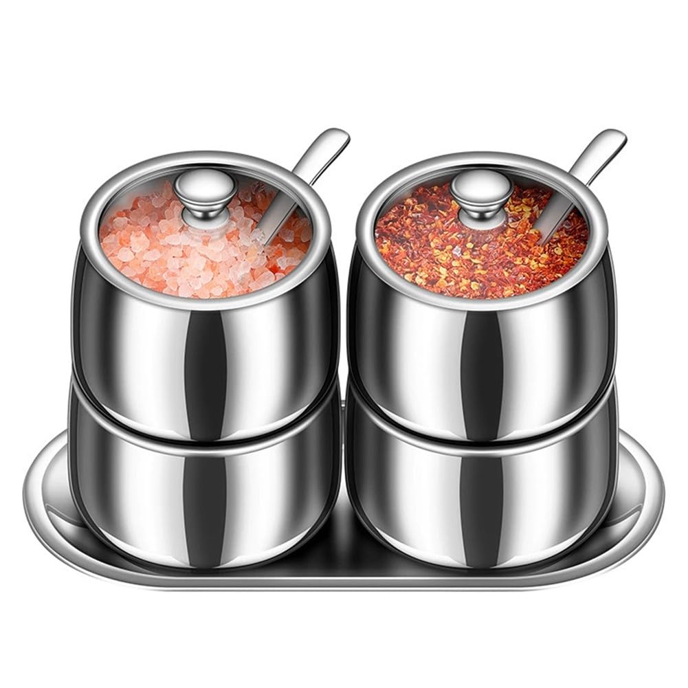 Gewürzbehälter aus Edelstahl 304 mit Glasdeckel, Löffel und Tablett, rostfreie Gewürzgläser für Zucker, Salz, Pfeffer, Küche, Aufbewahrung, Silber, 4 Stück