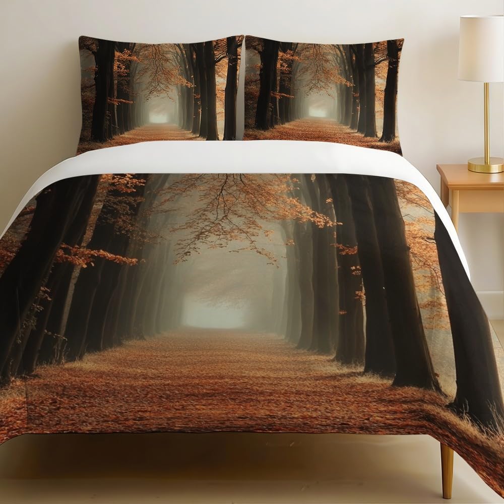 Housse de couette 240 x 260 cm sentier forestier d'automne pour chambre cocooning orange