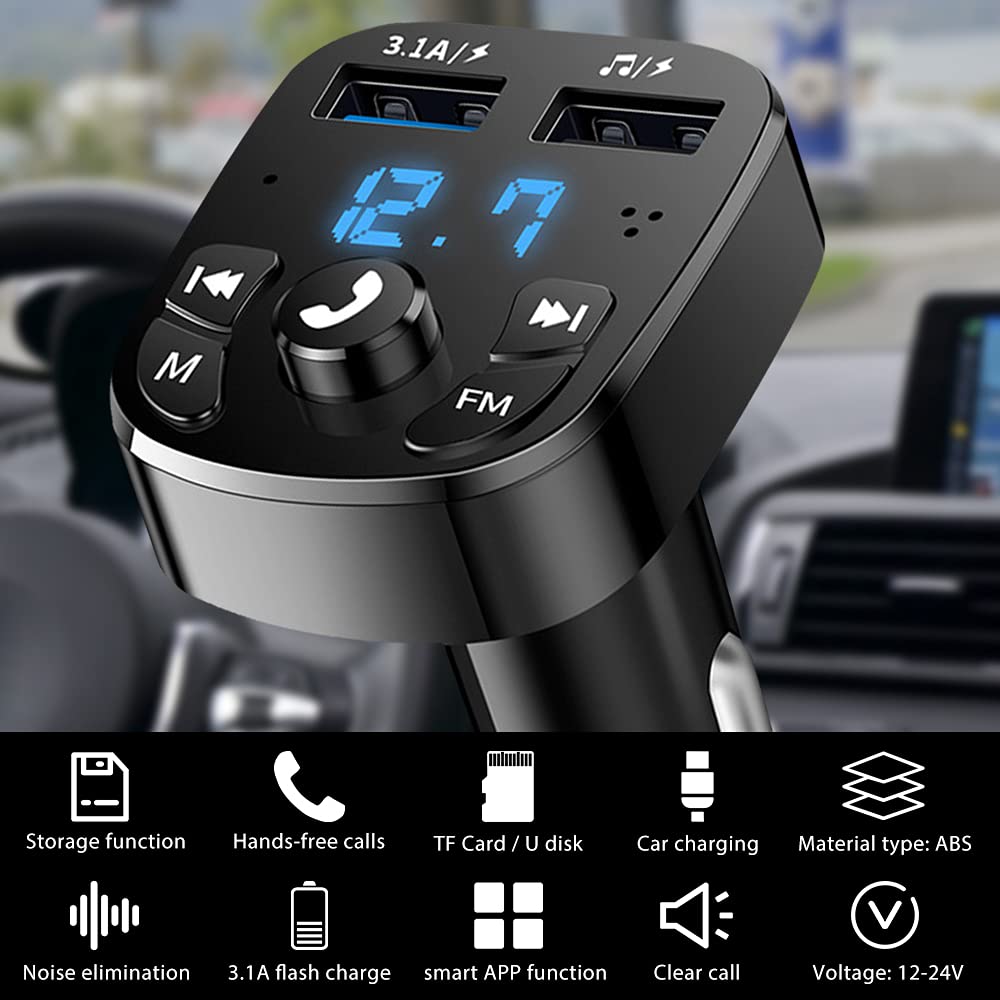 Adaptateur Bluetooth Voiture Avec Chargeur USB Et émetteur FM - Kit Mains Libres, Lecteur MP3, Lumières RGB