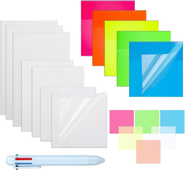 600 Sheets Colorful Transparent Sticky Notes, Shynek Clear Self Stick Notes Translucent Note Pads Assorted Size with Ballpoint Pen for Reading, Learning, Meeting, School Annotation Supplies