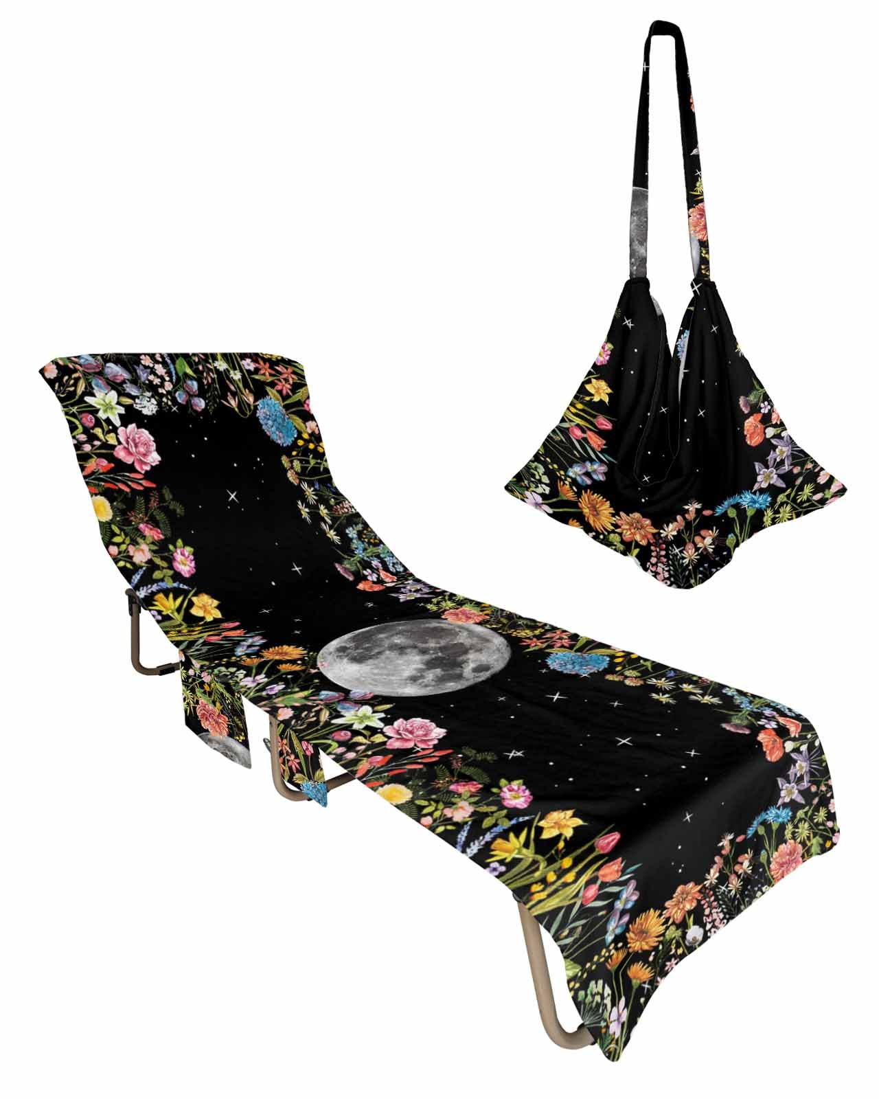 Botanical Herb Beach Chair Towel Covers for Chaise Lounge with Side Pocket, Soft Plush Pool Towels Cover for Patio Sunbathing Outdoor 29''x85'' Spring Floral Wildflower Moon Star Black
