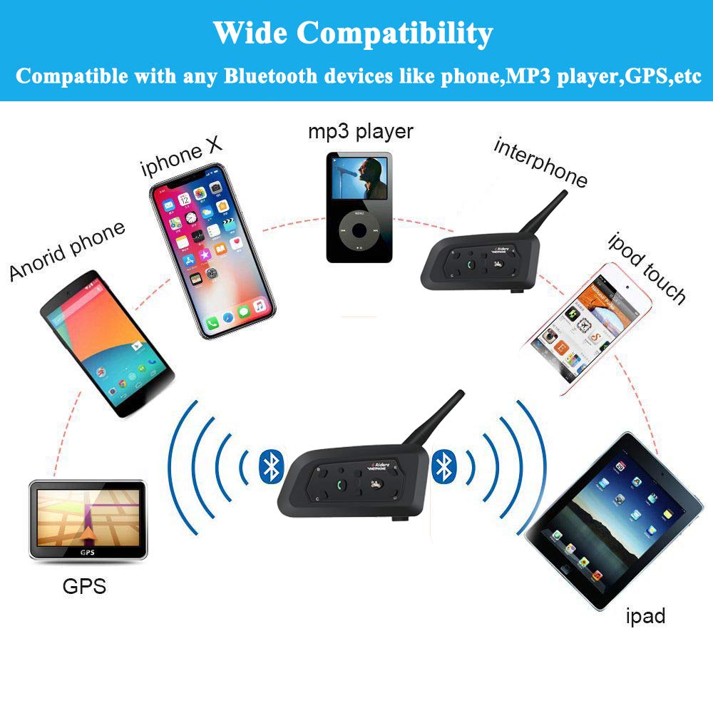 QSPORTPEAK V6 Moto Bluetooth Casco Intercomunicador Intercomunicador Auricular, dúplex Completo Moto inalámbrico Interfono Conecte hasta 6 pasajeros, Radio FM/GPS / MP4 / 1200M(1 Pieza Cable Duro)