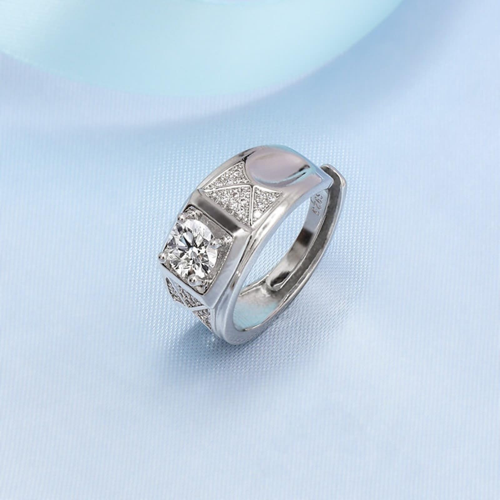 Męska obrączka ślubna z białego złota obrączka 18K diament laboratoryjny szeroki geometryczny 4-zębowy okrągły 1 ct cyrkonia rozmiar N 1/2 moda dla wujka biżuteria rocznicowa