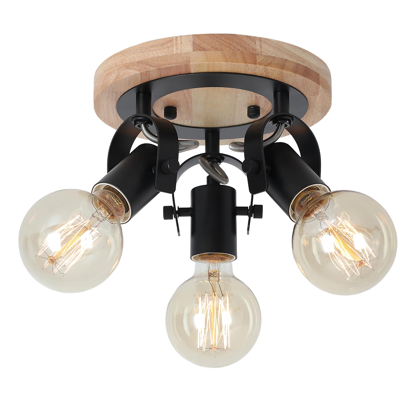 SEEBLEN 3-Light Round Flush Mount Ceiling Light，Rustic Ceiling Track Lighting with Wooden Base, Adjustable Multi-Directional Kitchen Light fixtures for Dining Room Hallway Entryway Bedroom