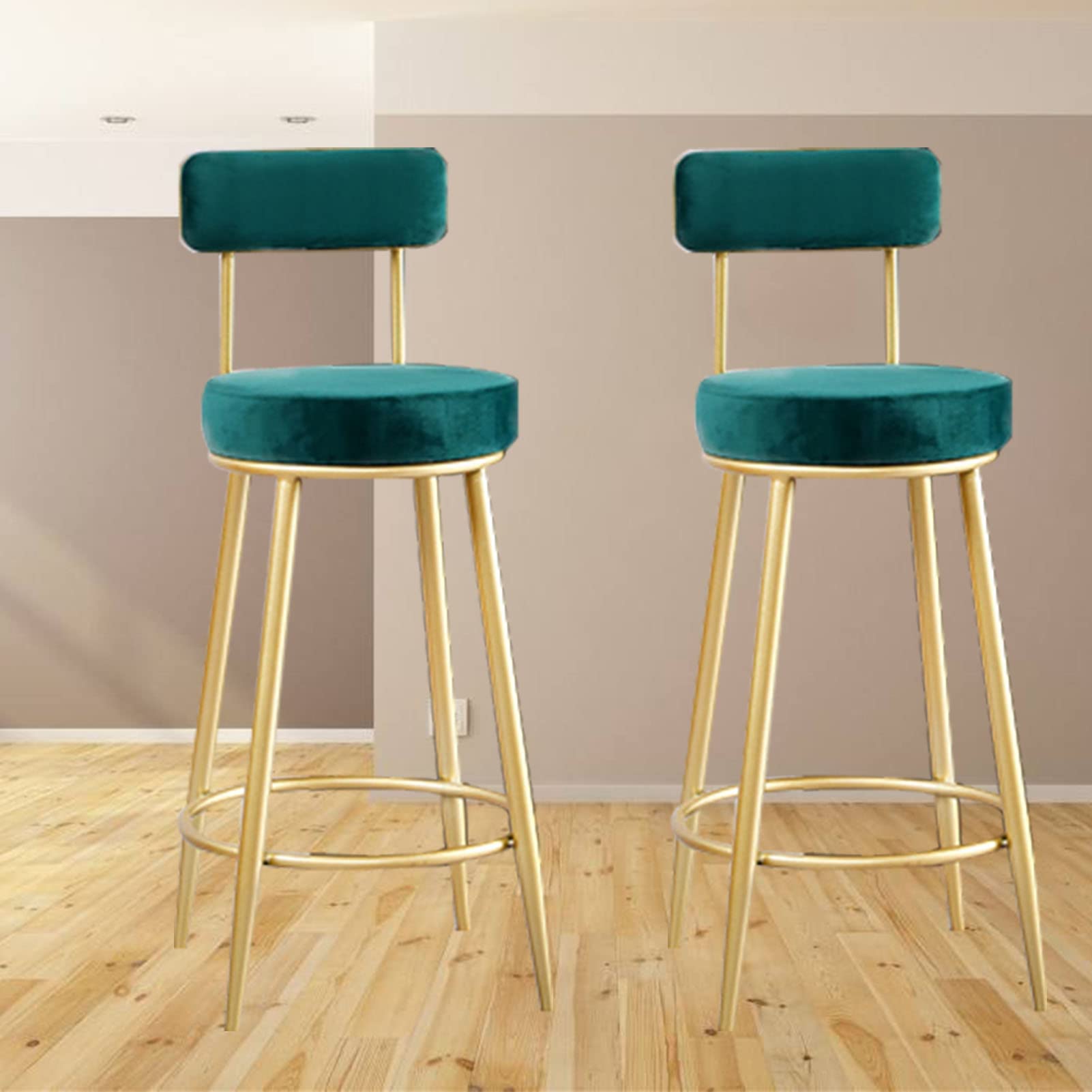 Tabouret de bar de luxe en velours doré avec dossier et repose-pieds pour cuisine (Lot de 2)