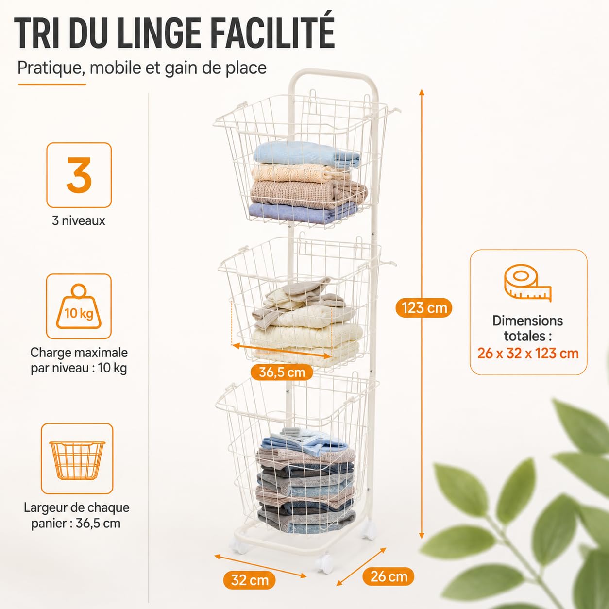 Cesto portabiancheria a 3 scomparti, con 4 ruote e cestini rimovibili | Cestino per bucato in metallo a 3 livelli, bianco. Capacità di 22 libbre per scaffale. Cassetti rimovibili con maniglie