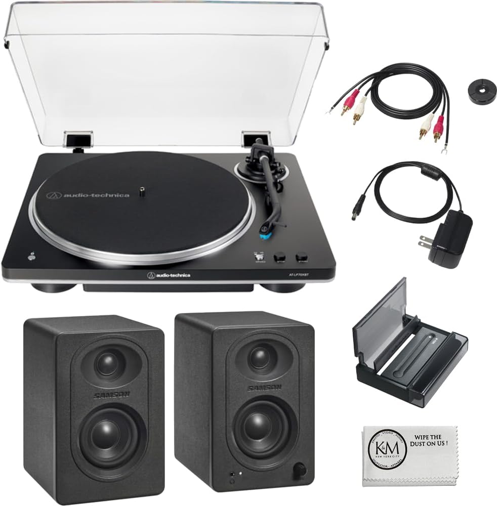 Audio-Technica AT-LP70XBT Automatic Belt-Drive Turntable with Bluetooth | Black and Silver Bundled with 3" Monitors with Bluetooth | Pair + Record Cleaning Tool & Record Cover Stand + Cloth (4 Items)