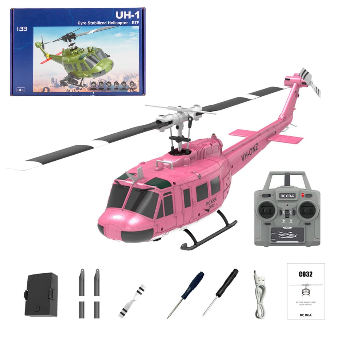RC ERA C032 UH-1 Huey, Helicóptero RC 6CH Con Giroscopio, Sin Barra De Estabilización, 4 Baterías, Control 2.4GHz Para Adultos Principiantes