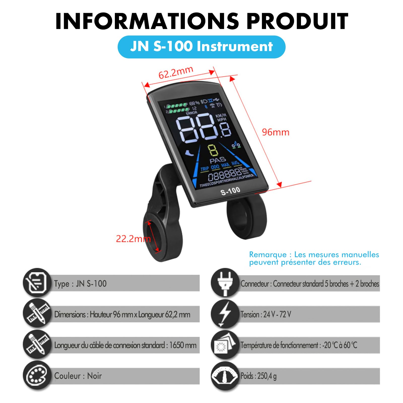 Kit de Contrôleur de Moteur sans Balais pour Vélo Électrique, 36V 48V 500W 750W 26A 3 Modes Contrôleur à Onde Sinusoïdale avec Panneau d'Affichage LCD Couleur S-100 Étanche