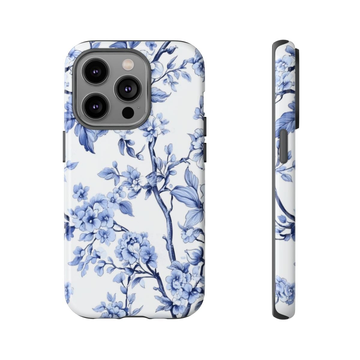 Coque rigide brillante iPhone 14 Pro motif floral bleu premium - 5