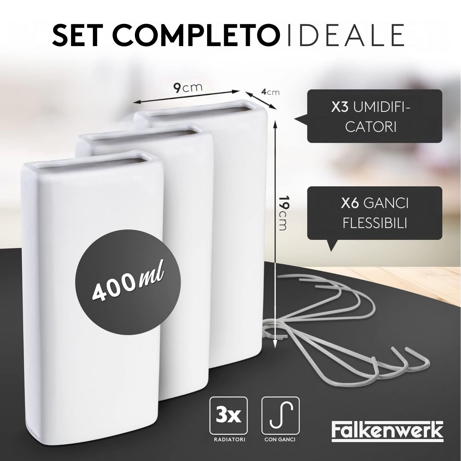 FALKENWERK Umidificatore Termosifoni per Radiatori in Ceramica [3 pezzi] – Umidificatore Sostenibile [adatto per tutti i riscaldamenti] Bianco
