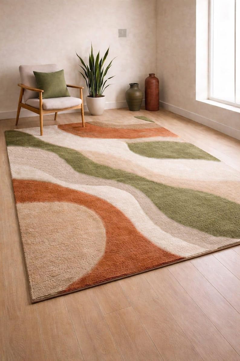 Tapis Moderne Abstrait 180x260cm, Lavable et Antidérapant, Motif Vagues Poils Courts Faux Cachemire, Terracotta Vert Beige Tapis de Sol pour Salon Chambre