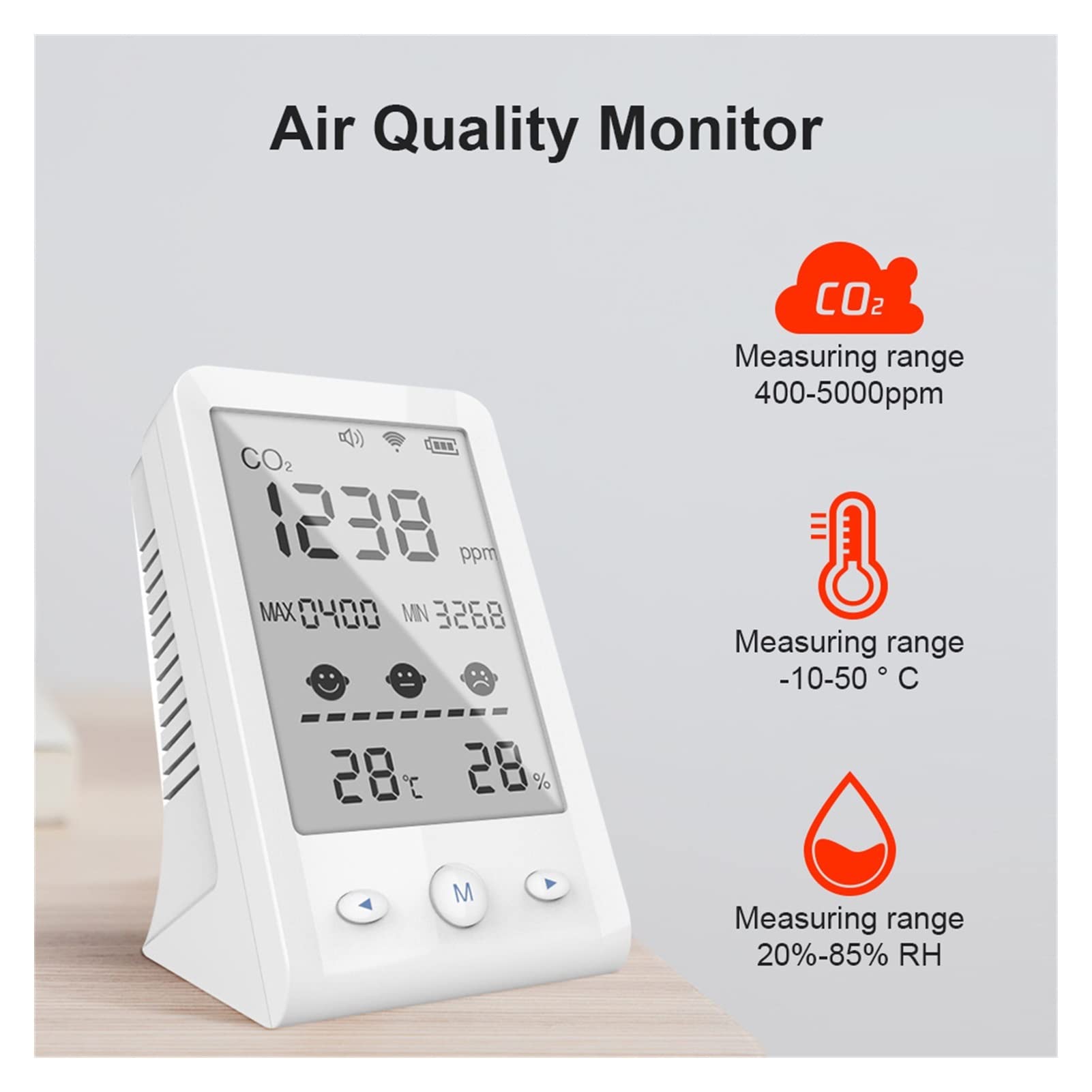 Monitor della qualità dell'Aria con WiFi Tuya, Mini misuratore di anidride carbonica da banco, termoigrometro per Interni ed Esterni