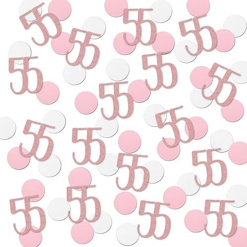 Confeti de oro rosa 55, confeti número 55 con purpurina, 200 piezas de decoración de mesa de fiesta de aniversario