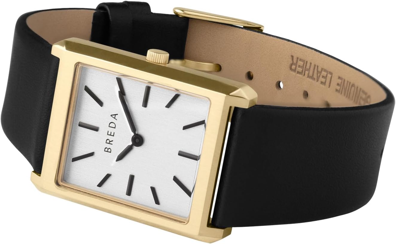 Breda Virgil Rectangle Watch, 18K Gold-Plated Case, Black Genuine Leather Band, Japanese Miyota Quartz Movement, Water-Resistant, 26mm