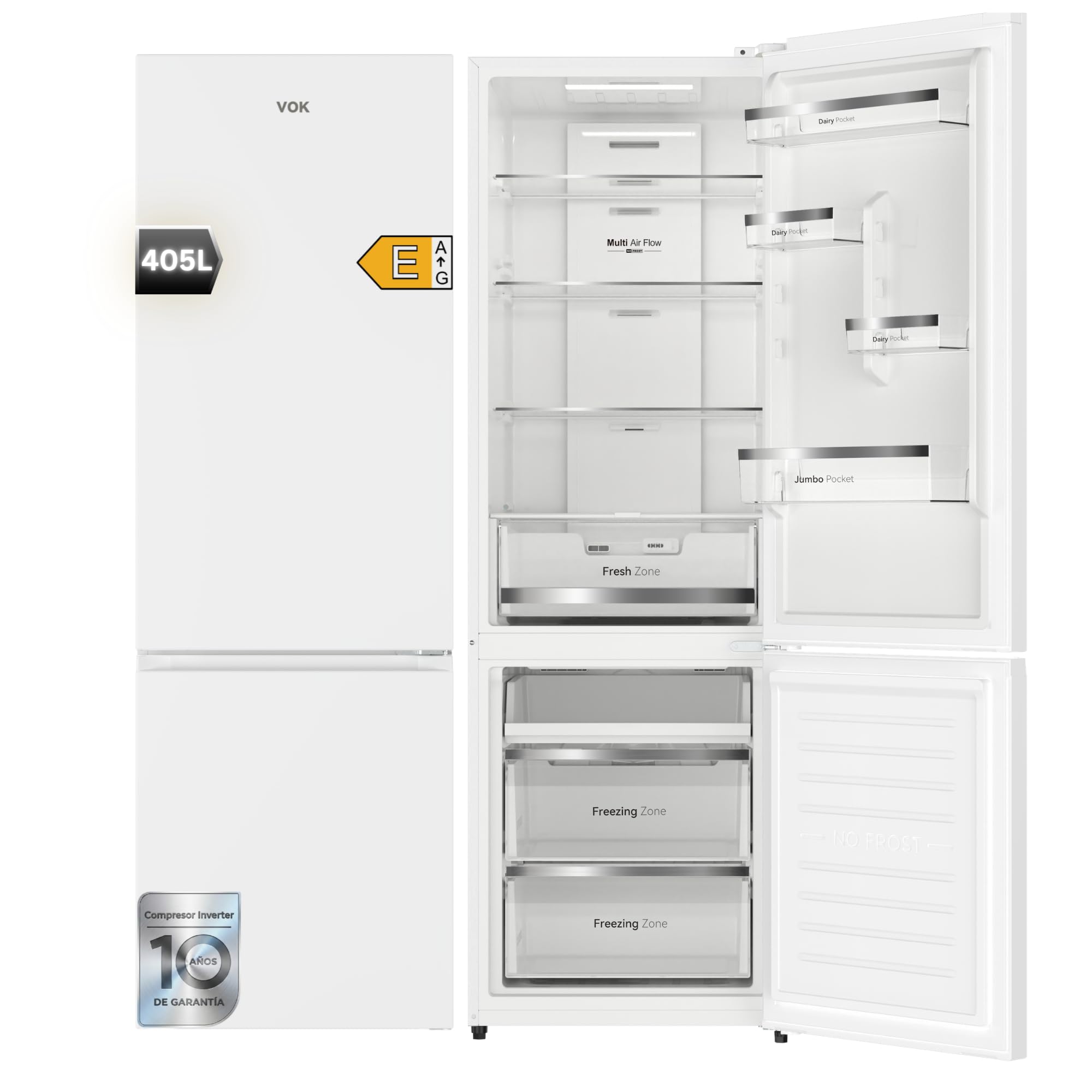 VOK Frigorífico Combinado No Frost 405L en 185.5cm - Compresor Inverter Silencioso 37dB, MaxVolume, Zona 0°C, Multi Air Flow, Clase E, Blanco, EVR-405NEW