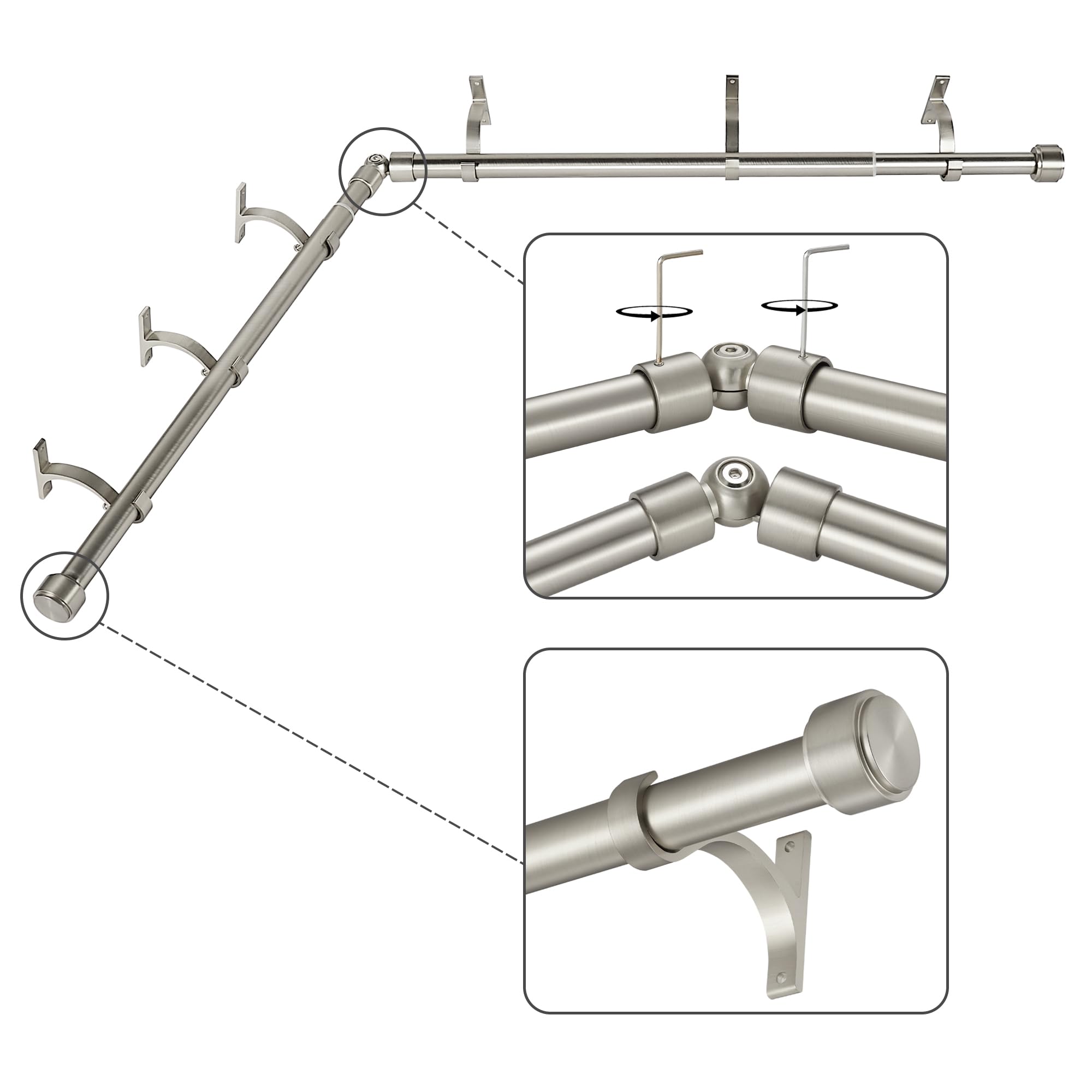 Photo 1 of Mayrhyme Brushed Nickel Corner Window Curtain Rods with Aluminum End Cap Finials and Brackets,1 Inch Diameter Bay Window Curtain Rods,2 Sided 32-86 Inch Adjustable Drapery Rod