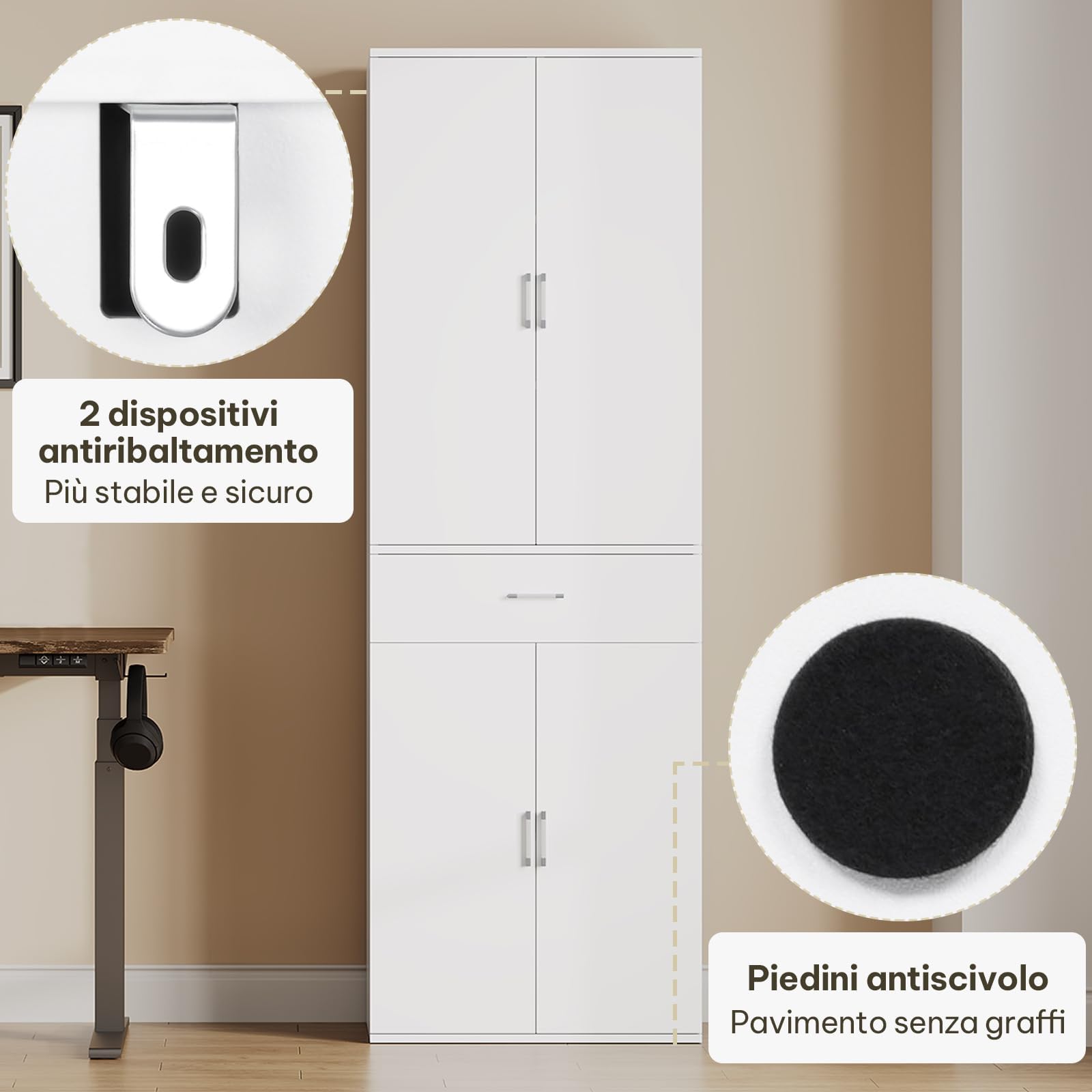 eSituro Armadio per Ufficio, Armadio per Archiviazione, 3 Ripiani Regolabili, 1 Cassetto, Legno Ingegnerizzato, 60x34x180 cm, Bianco