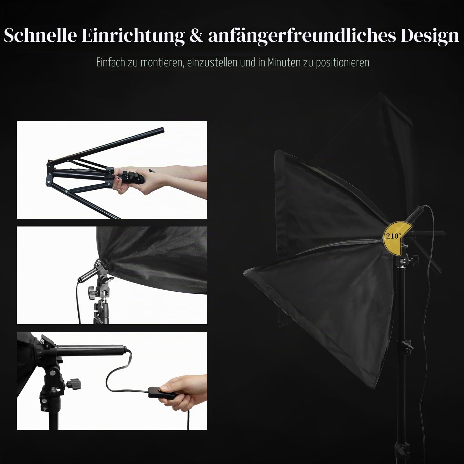 Softbox Fotostudio Set 40x40cm Fotolicht mit 95W LED-Lampe (3000–7500K, E27) – Studio-Beleleuchtung für Fotografie, Videos, Live-Streaming und Portraits