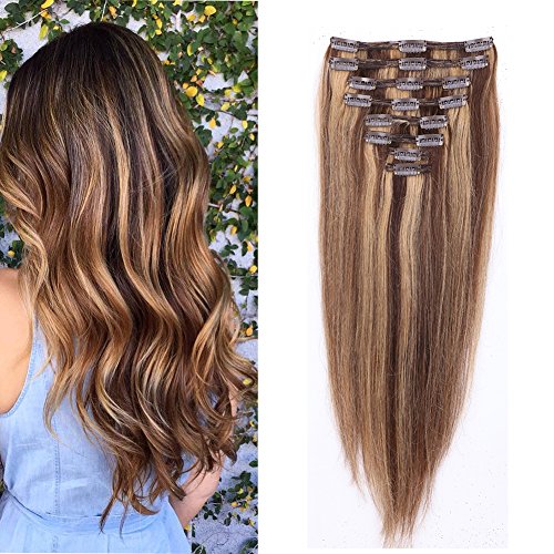 Double Weft 100% Remy Human Hair Clip in Extensions 14''-22'' Grade 7A Quality Full Head Thick Long Soft Silky Straight 8pcs 18clips(20" / 20 inch 150g ,#4/27 Medium brown / Dark Blonde)