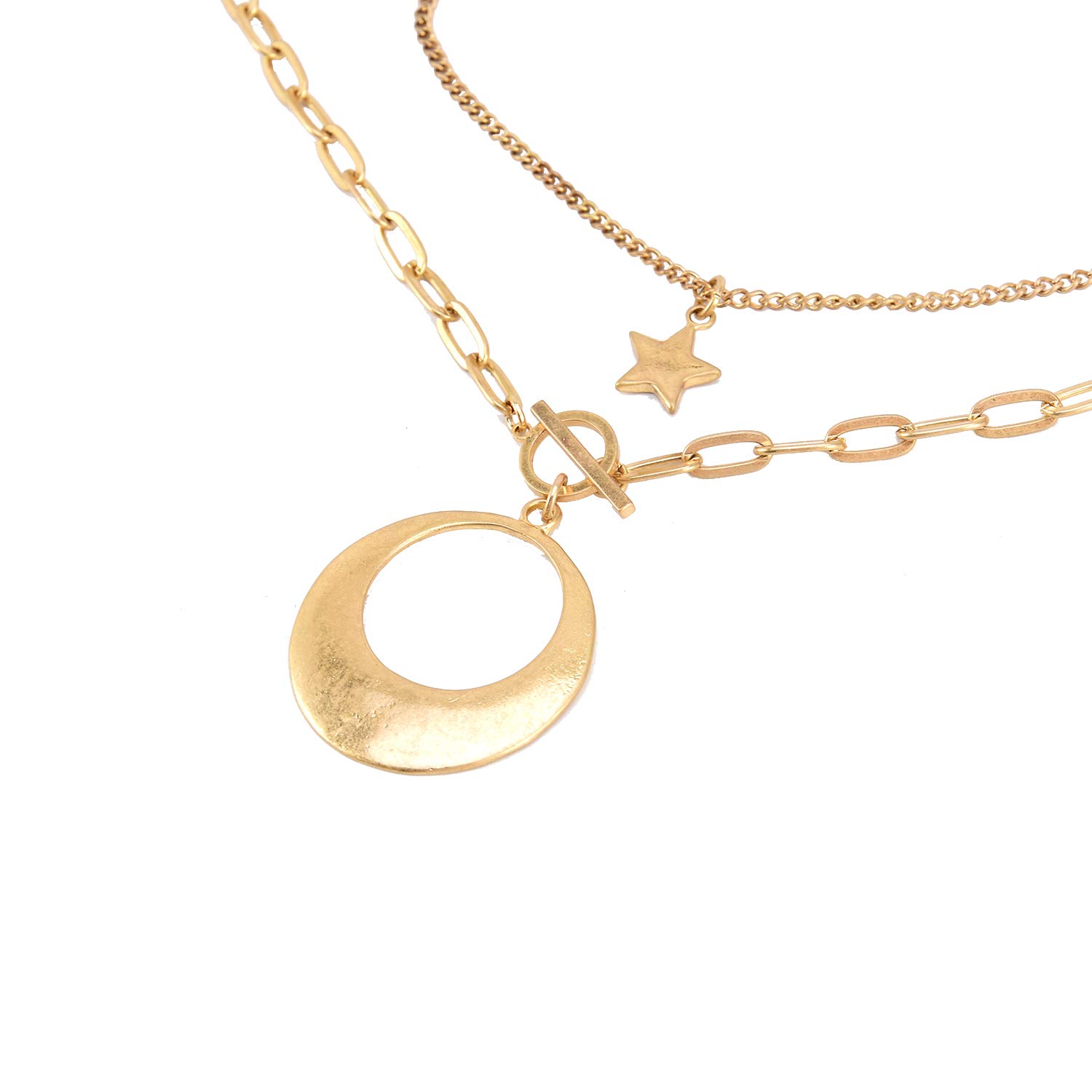 Allison Rose Atelier Multi Chain Link Charm Double Strand Necklace with Crescent Medallion and Stars - Fashion Jewelry for Women – For Everyday and Special Occasions.