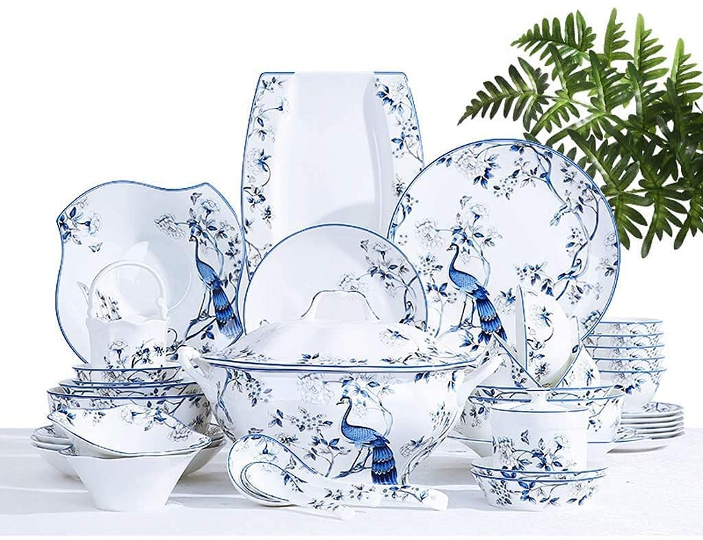 THj Dinnerware Sets Dish Set,Ceramics with 51 Pieces,Bowl/Dish/Soup Pot/Spoon|Bone China Dinner Sets,Blue Peacock Pattern Porcelain Combination Set