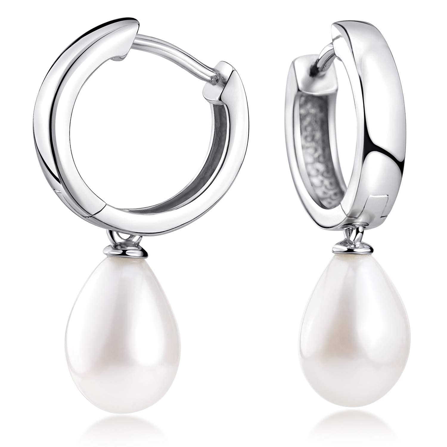 Damen Creolen mit Anhänger Perle - 925 Silber Perlenohrringe weiß SO-431 | Kleine Kreolen 15mm mit hängenden Perlen aus rhodiniertem 925 Sterling Silber für Frauen von MATERIA by Matthias Wagner