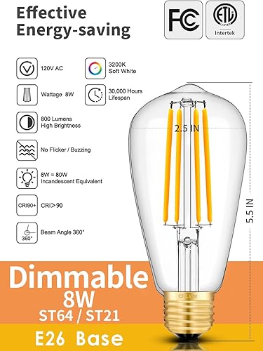 Miniatura 2 de CRLight Bombilla LED Edison regulable de 8 W, equivalente a 800 lúmenes, 3200 K, blanco suave, E26, vintage, transparente, ST64, bombillas LED de