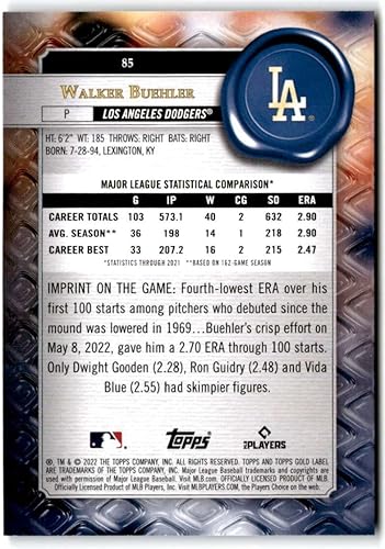 Miniatura 2 de Baseball Trading Card MLB 2022 Topps Gold Label Class 1#85 Walker Buehler NM Near Mint Dodgers