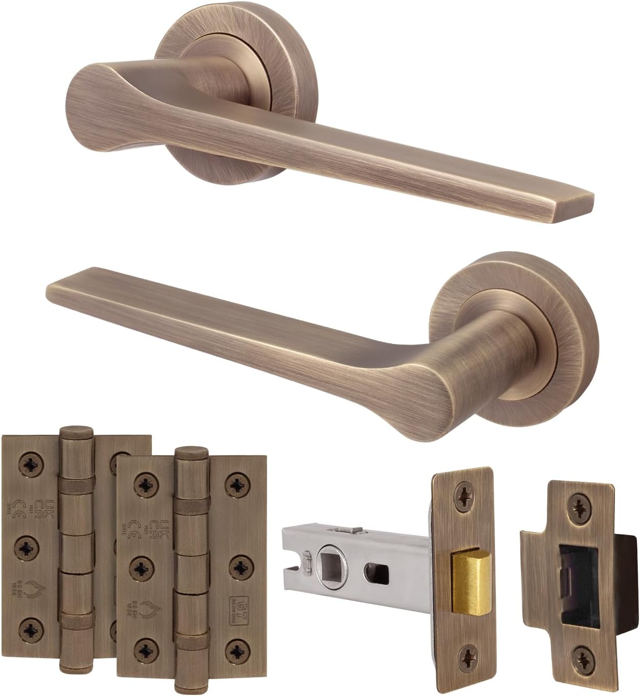 EAI Antique Brass Door Handle Latch Set, Internal Door Handle with 64mm Latch and 76mm Hinges, Tarna Range 1 Pack