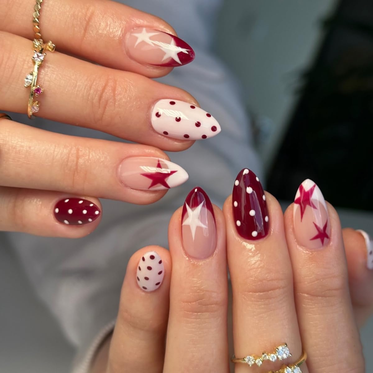 Press On Nails, Polka Dot Fake Nails with Star Design for Special Events and Daily Wear, Almond Shaped Nail Extensions Set with 24 Pieces-picture-45