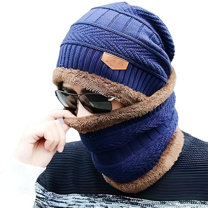 Woolen Hat Cap,Woolen Neck Warmer Scarf Men & Women Winter Woolen Cap Hat Woolen Neck Warmer Scarf Set for Men & Women Velvet Neck Scarf Free Size Blue