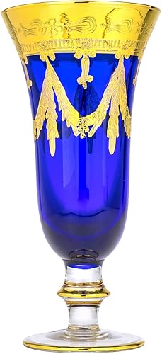 Copas de champán de cristal italiano, diseño vintage, oro de 24 quilates, decoradas a mano, 9 onzas (champán azul cobalto)