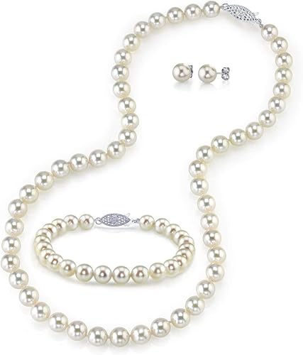 Miniatura 6 de The Pearl Source Juego de collar de perlas cultivadas Akoya de oro de 14 quilates de 6.5 a 0.276in de longitud de princesa para mujer, Perla, Perla