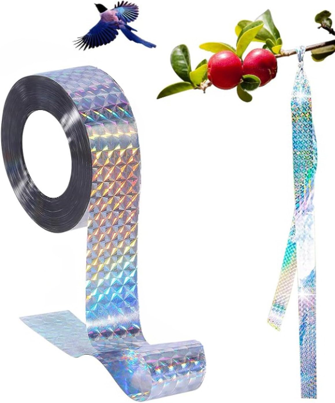 Bird Scare Tape, 328ft Double Sided Bird Repellent Deterrent Tape Reflective Holographic Bird Scare Flash Tape for House Garden Pigeon Gulls Crows Starlings Swallows (2.4 cm * 100 m, 1)