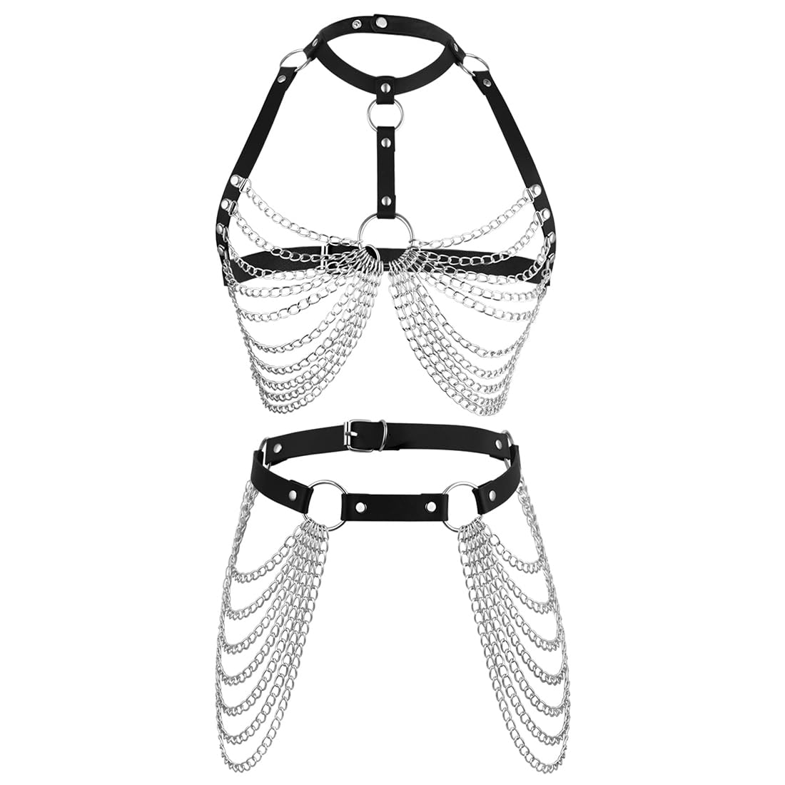 1 Satz Körperkette, Festival Outfit Damen, Gothic Schmuck, Bauchkette, Body Chain Sexy Taillenketten, Punk Leder Truhe Kette Schwarz, Geschichtet BH Ketten Mehrschichtig Körperketten Nachtclub