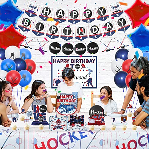 Hockey Party Decorations, Includes Ice Hockey Happy Birthday Banners Garland, Hockey Pattern Tablecloth, Table Centerpieces, Cake Toppers, Hockey Balloons For Kids Birthday Party Hockey Sports Party #TOP6