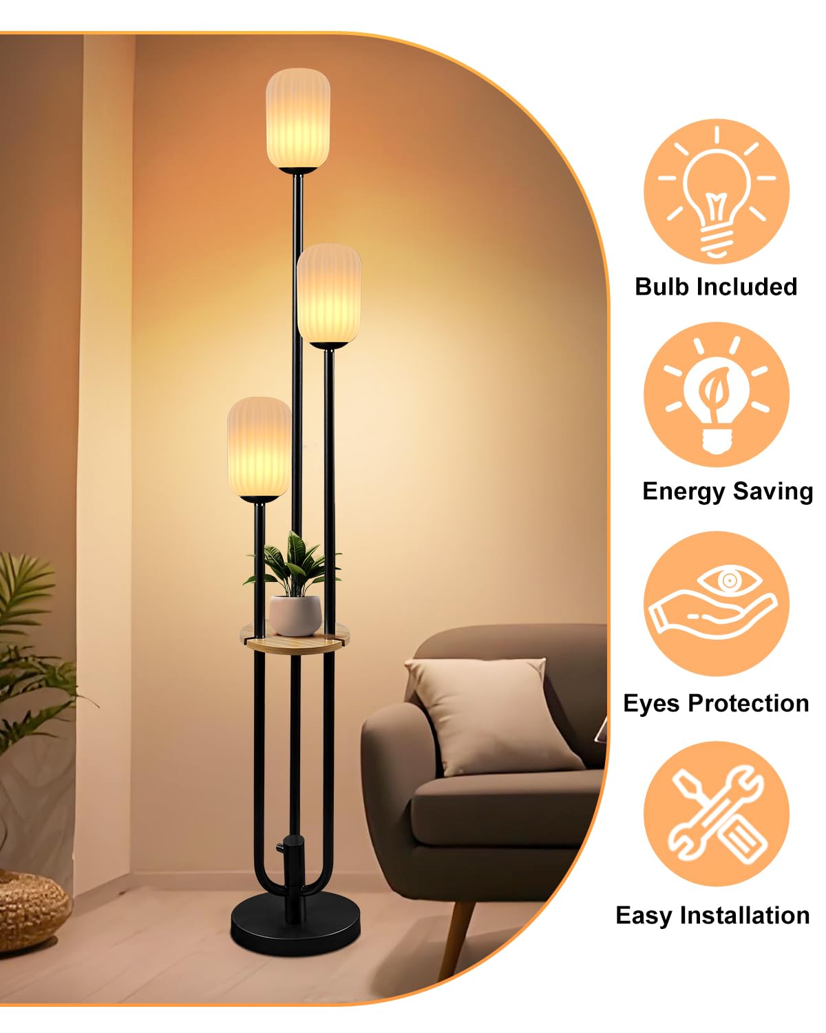 Lampa podłogowa do salonu, ściemniana lampa podłogowa w stylu vintage, z półką i żarówkami LED, 3 światła, 3000 K, miękka, ciepła biel, z połowy wieku, wysokie lampy do sypialni, biura