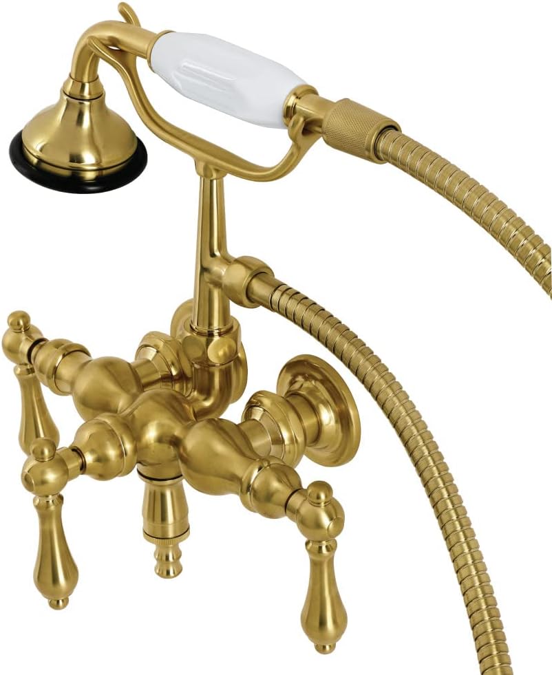 Kingston Brass AE19T7 Aqua Vintage 3-3/8 Inch Wall Mount Tub Faucet with Hand Shower, Brushed Brass