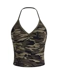 Women's Camo Print V Neck Sleeveless Crop Tops Casual Ruched Backless Halter Tops