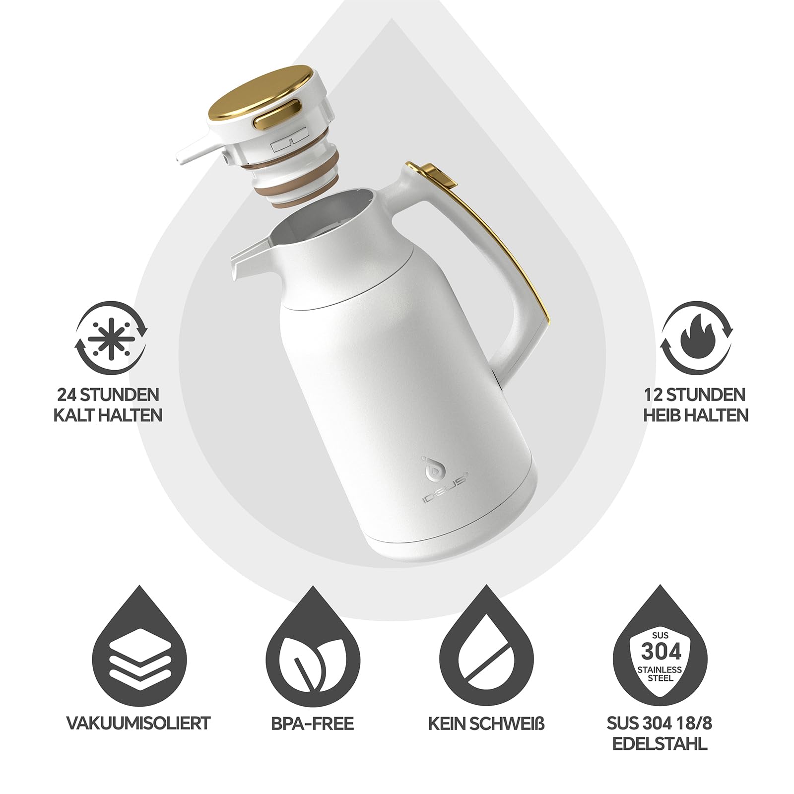 IDEUS Thermoskan, 2 l, roestvrij staal, dubbelwandige koffiekan, vacuüm- isolatie, thermoskan voor koffie, BPA-vrij, wit en goud