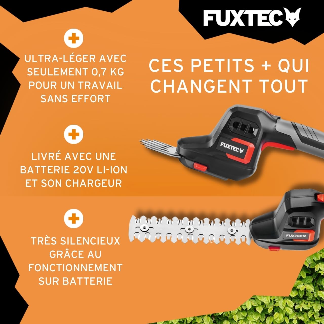 FUXTEC Taille-Haies Manuel sans Fil 20V FX-E1HHS20SET - 0,67Kg Poids, Taille du Guide de 20cm, diamètre de 10,5cm, avec Batterie