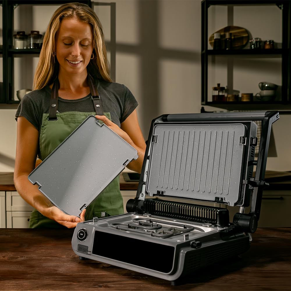 Cecotec Griglia elettrica con Grill Rock'nGrill 2000 Smash PerfectCook. 2000 W, Sonda Temp, Smash Burger, Smokeless, Dual Temp, Raccoglitori, piastre reversibili, superficie 30 x 21 cm, acciaio