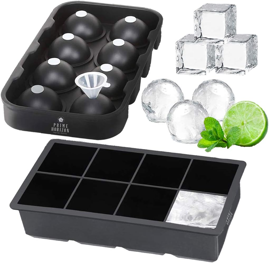 Prime Horizon Ice Cube Tray - Silicone Ice Tray 2 Pack, Large Ice Cube and Ice Ball Maker, BPA Free Moulds for Whiskey, Cocktails and Baking