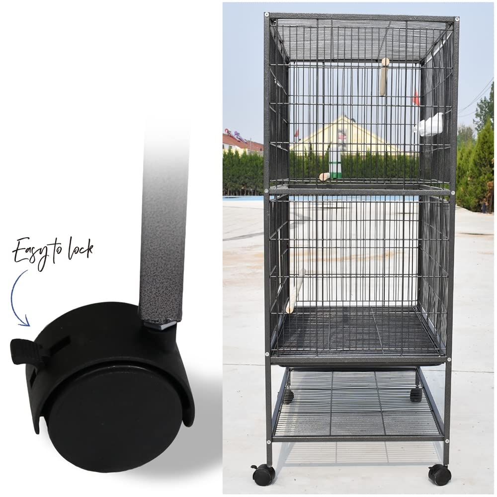Melko Pajarera grande con ruedas, 164 x 109 x 75 cm, metal negro | Incluye perchas, comederos, bebederos para pájaros y bandeja de suciedad, para periquitos y loros, puertas con cerradura