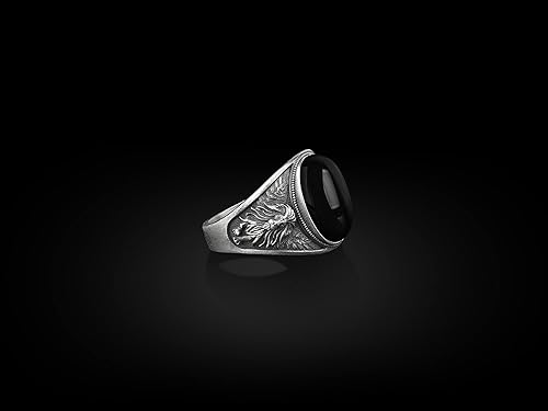 Miniatura 5 de BySilverStone Jewelry Anillo de plata de león con alas para hombre, anillo de hombre de plata con sello de ónix ovalado, anillo de hombre de león
