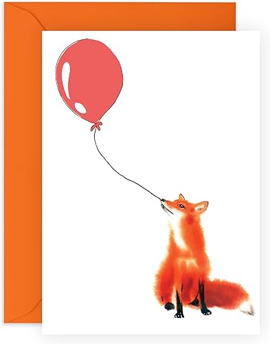 CENTRAL 23 Tarjeta de felicitación de feliz cumpleaños, divertida tarjeta de felicitación de zorro con globo rojo, tarjetas de cumpleaños tontas